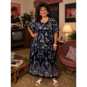 Only Necessities 2X Navy Floral Cotton Caftan Muumuu Maxi Dress Plus Size